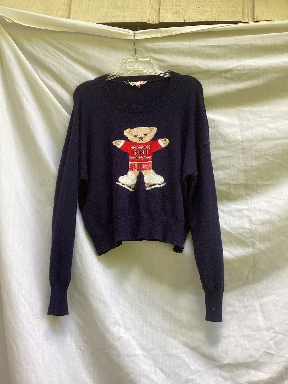 Hazel Moon Women's Navy Teddy Ski Crewneck Sweater, size medium
